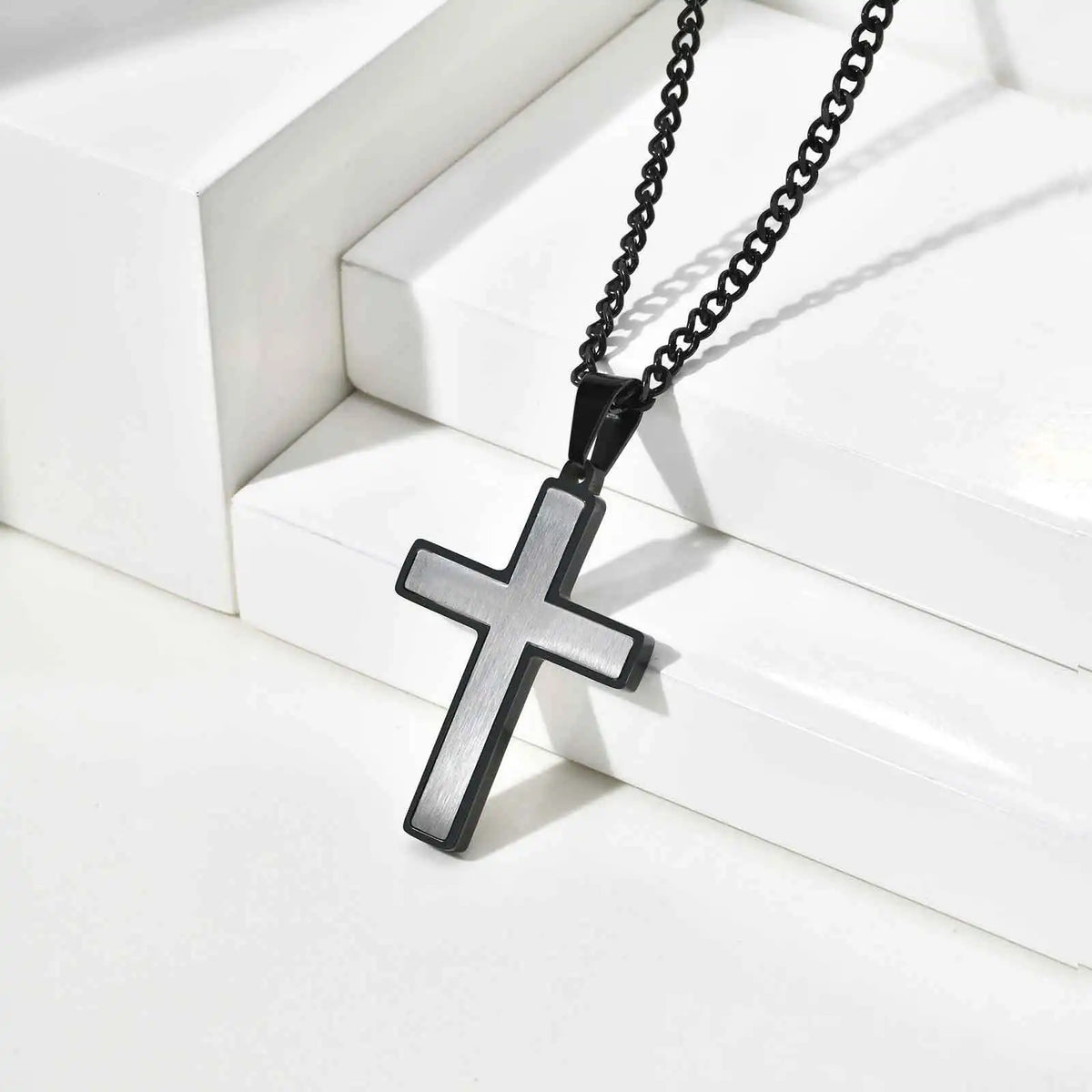 Simple Cross Necklace for Men, Stainless Steel Silver Black Color Cross Pendant Necklaces,Length 60CM 24Inch