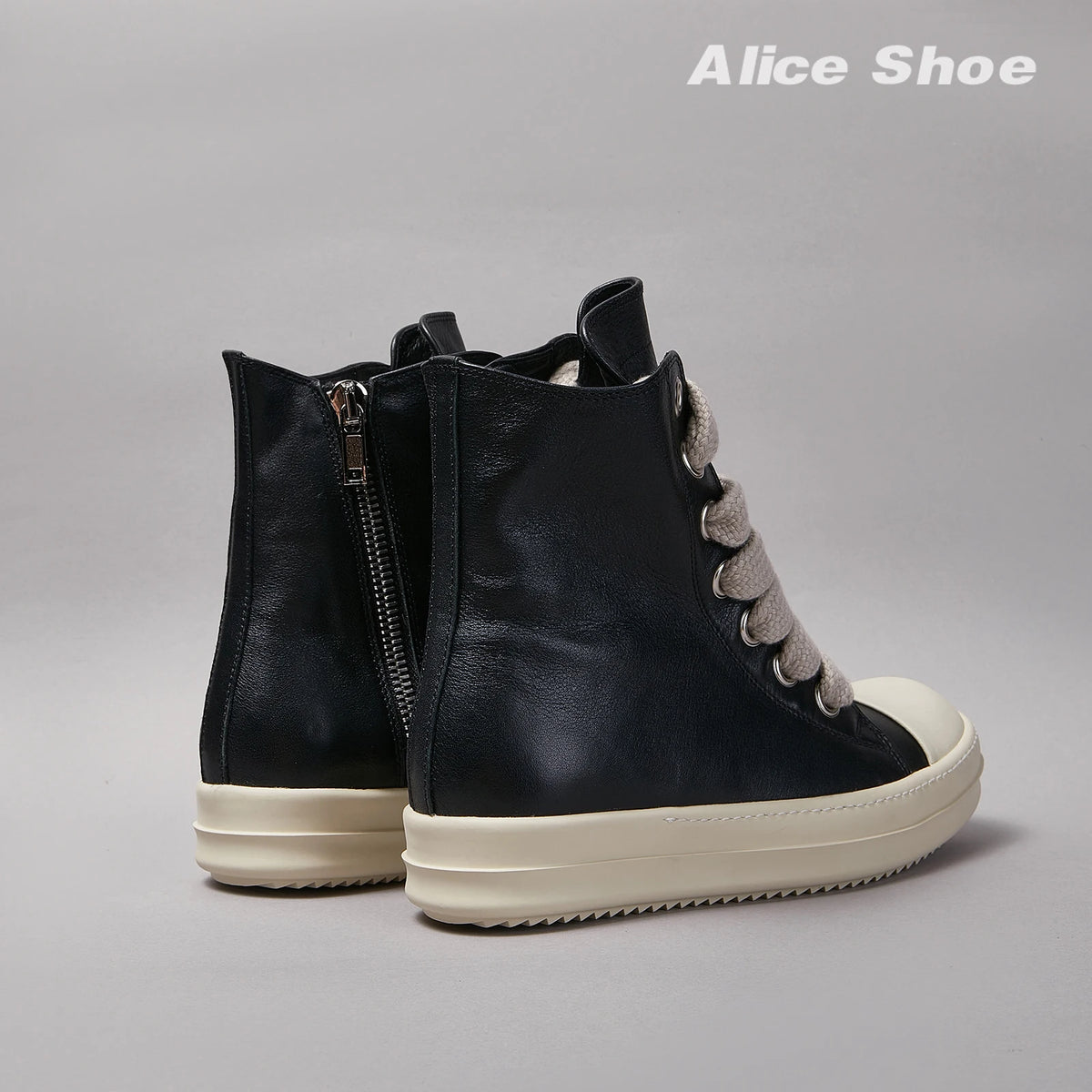 PENDRA Jumbo Black Black Leather High-Top Jumbo-Lace Zip Thick-Sole Ankle Boots