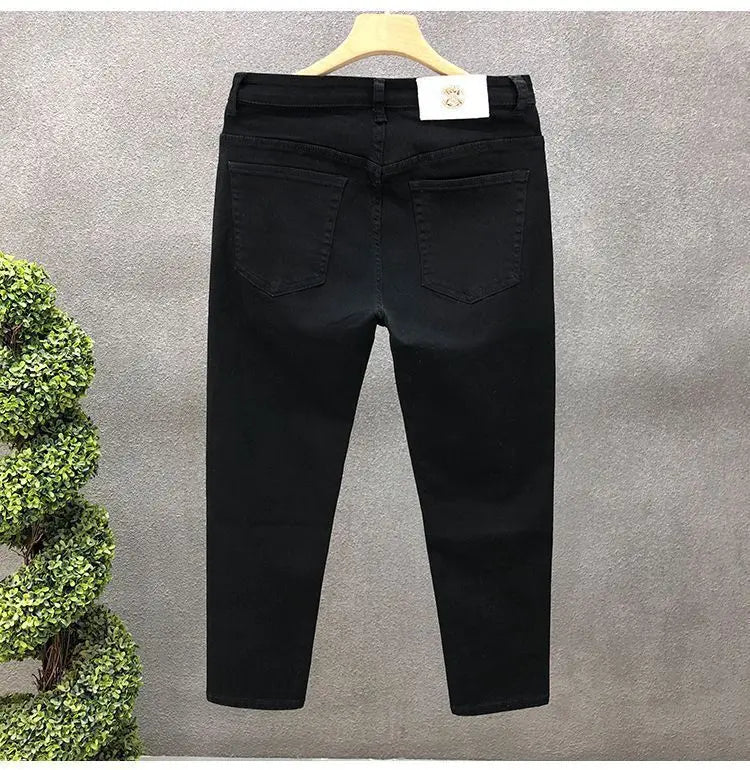 High-Quality Korean Street Men's Slim Jeans for Spring and Autumn with Denim Fabric and Casual Solid White Black Punk Trousers
