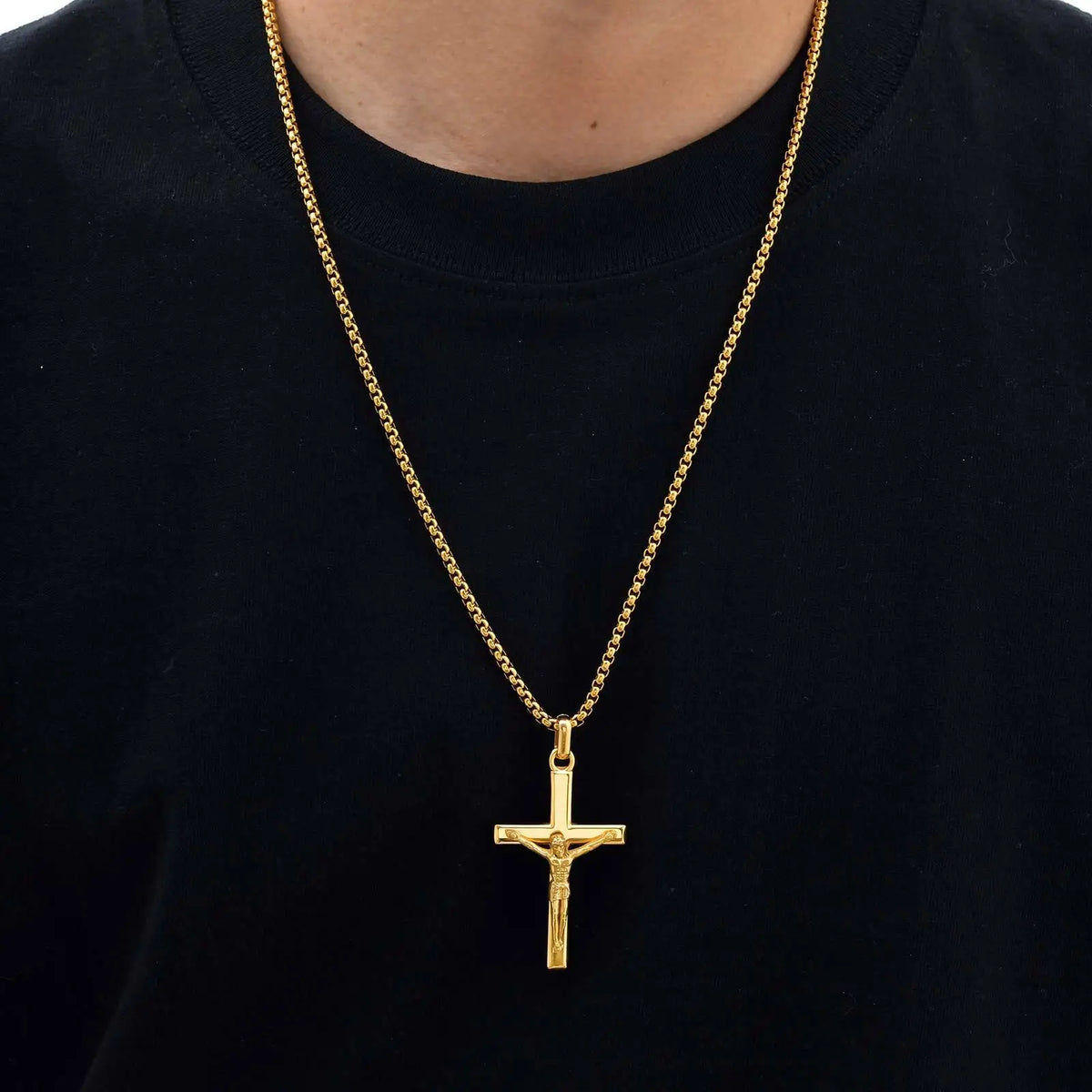Waterproof Crucifix Cross Necklace for Men Boys,Stainless Steel Catholic Cross Pendant Necklace ,Religious Belief Jewelry Gift