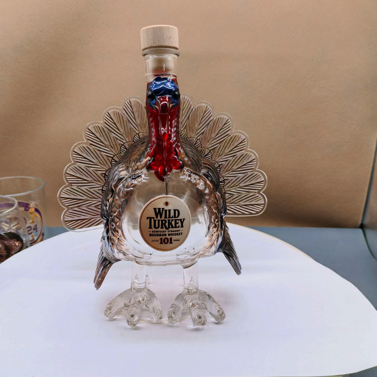 Novelty Turkey Whiskey Decanter, Clear Glass Liquor Bottle with Colorful Head and Feather Design, Unique Home Bar Display