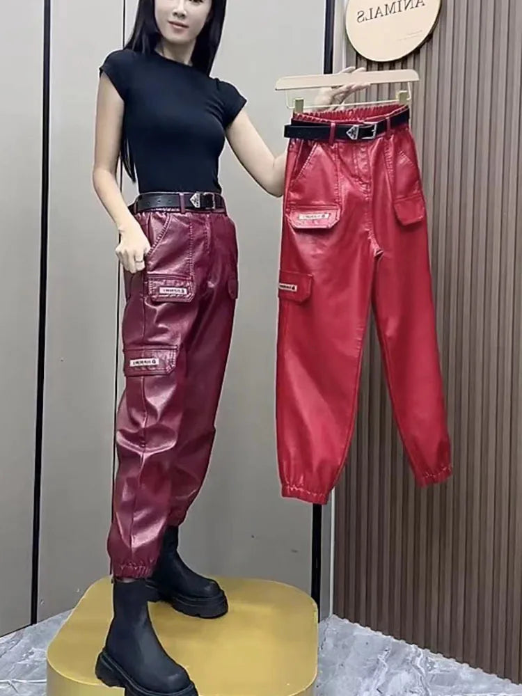 PENDRA Oversized Pocket Loose Leather Cargo Pants