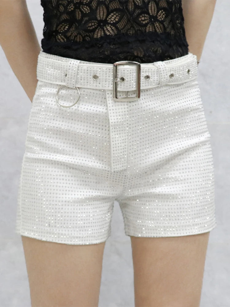 Rhinestone Shorts Women Wide Leg Shorts High Waist Sexy New Fashion Elastic Waist Diamond Casual Hot Pants Female belt