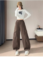 Corduroy cargo wide leg pants women in winter 2025 new high waisted loose fit slimming and ankle tied casual pants