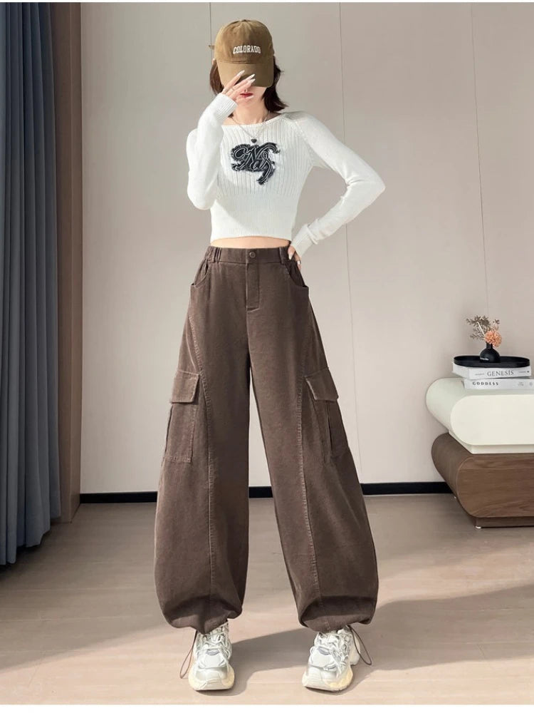 Corduroy cargo wide leg pants women in winter 2025 new high waisted loose fit slimming and ankle tied casual pants
