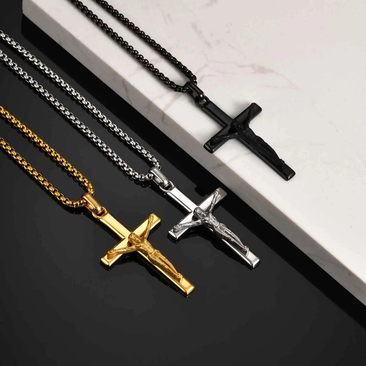 Waterproof Crucifix Cross Necklace for Men Boys,Stainless Steel Catholic Cross Pendant Necklace ,Religious Belief Jewelry Gift