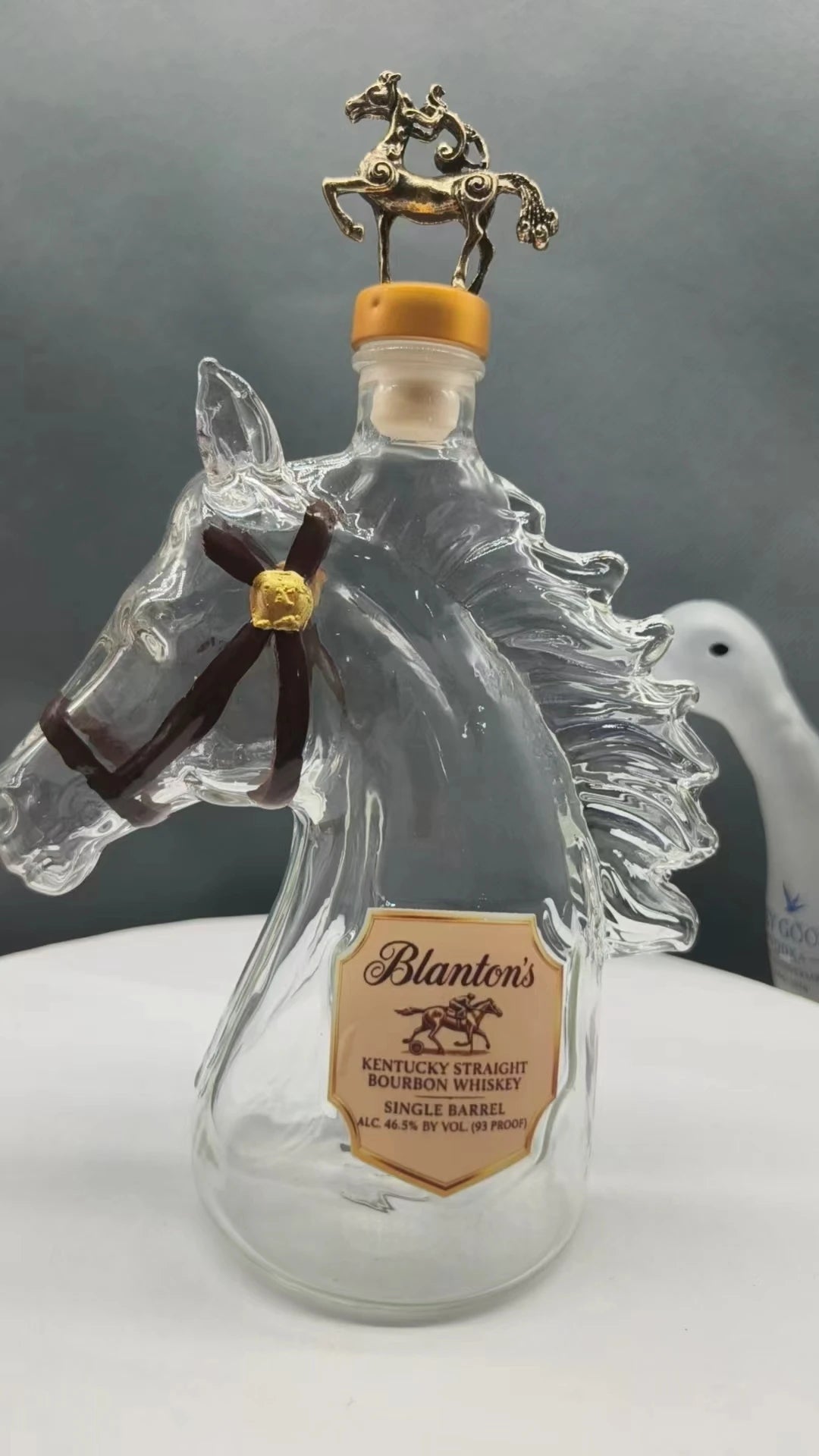 Blanton's Horse Head Shaped Crystal Whiskey Decanter, Bronze Horse Rider Stopper Liquor Bottle, Kentucky Bourbon Spirits Storage