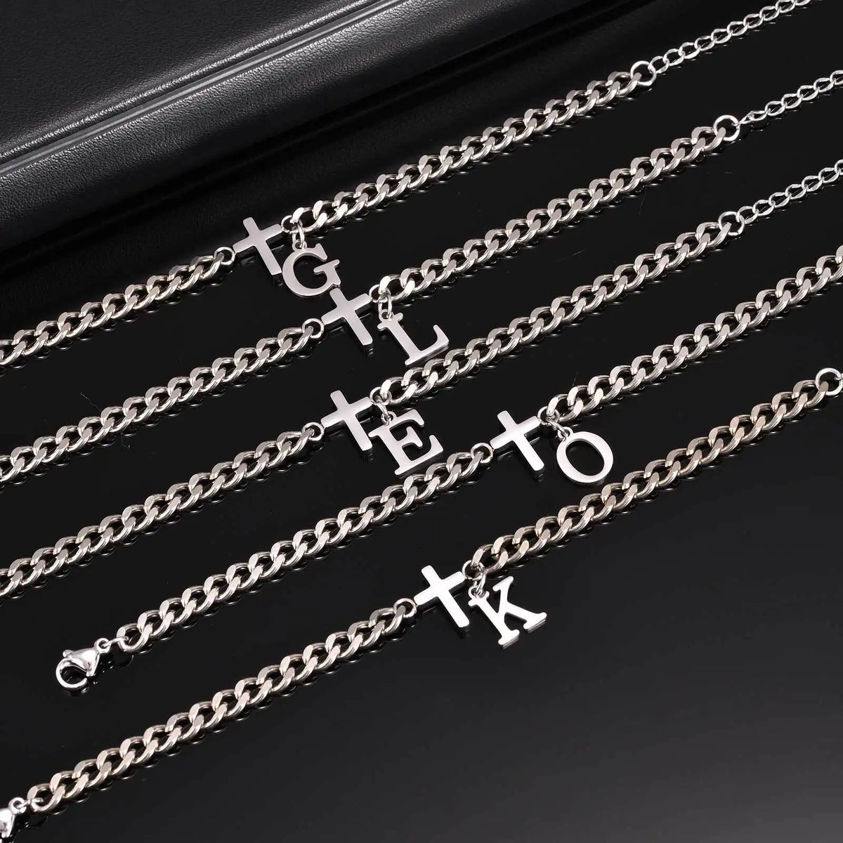 Men's Initials Cross Bracelets,Never Fade A-Z 26 Letters Stainless Steel Chain Links Cross Wristband,Stylish Simple Jewelry Gift