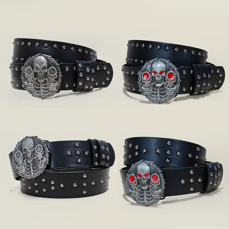 Unisex Jeans Belt For Men and Women Skull hold guns Bucket Gothic Women's Belt Female Designer Black Rivet Punk Accessory Male