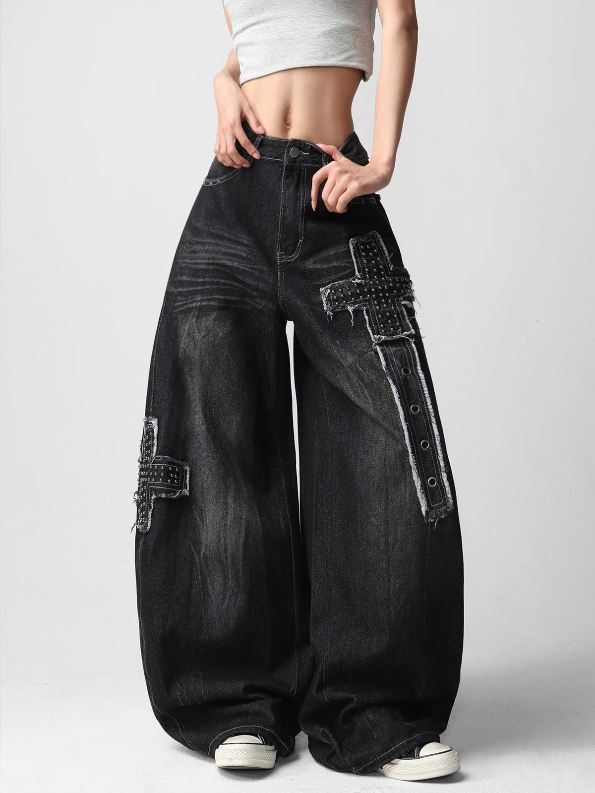 American-Style High Street Patchwork Studded Design Black Loose Jeans Women Y2K Trendy Streetwear Fashionable Casual Versatile Wide-Leg Pants