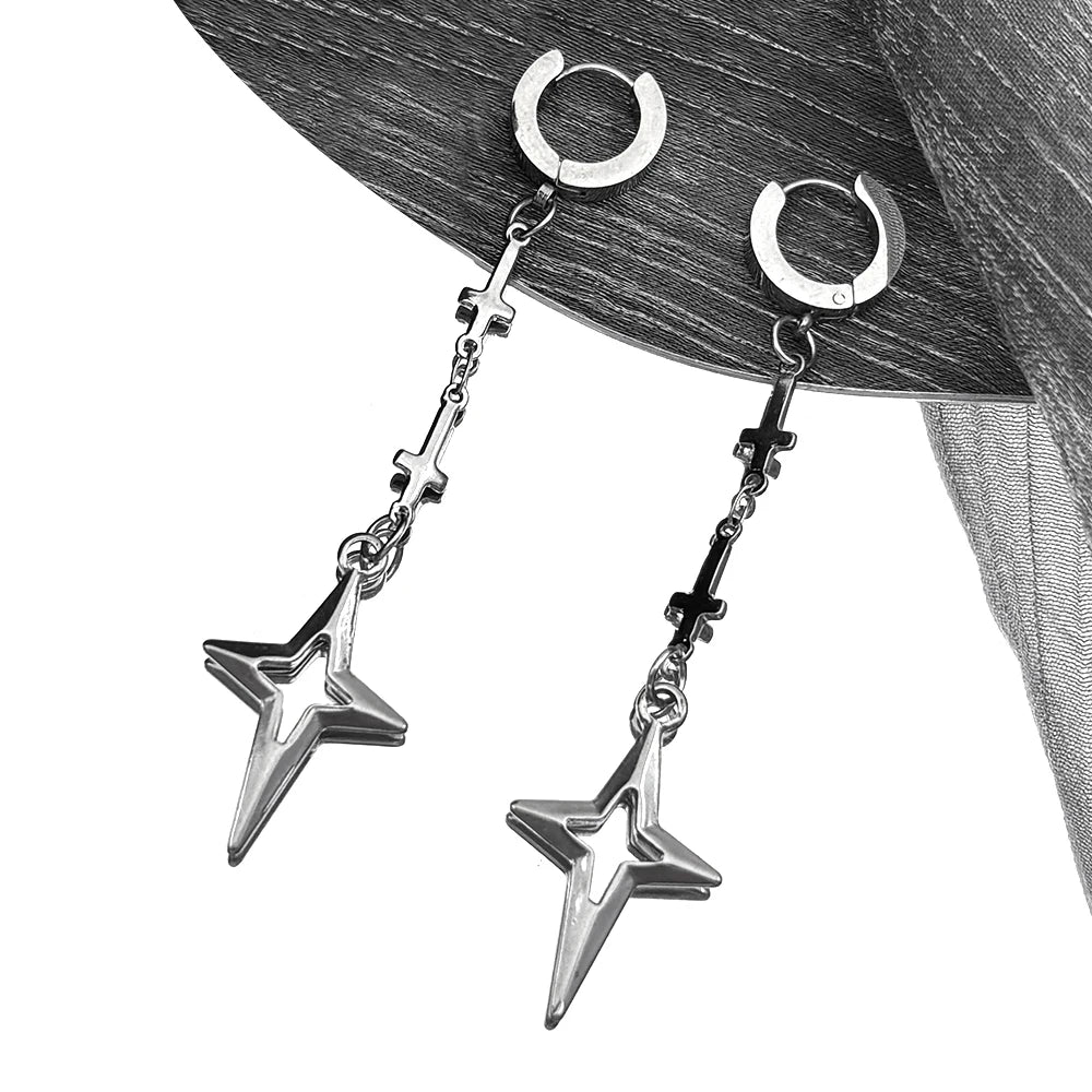 Punk Star Cross Earrings For Women Korean Y2K  Rock Grim Stainless Steel Silver Color Hollow Drop Ear Hooks Jewelry Accessories