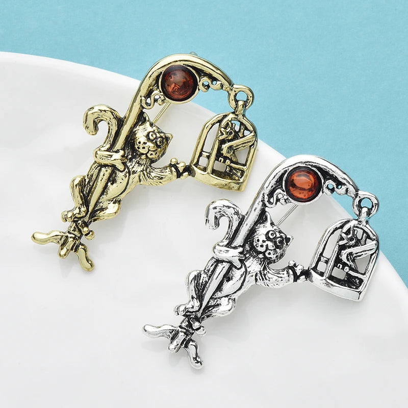 PENDRA Birdcatcher 2-Color Metal Enamel Cat Brooch