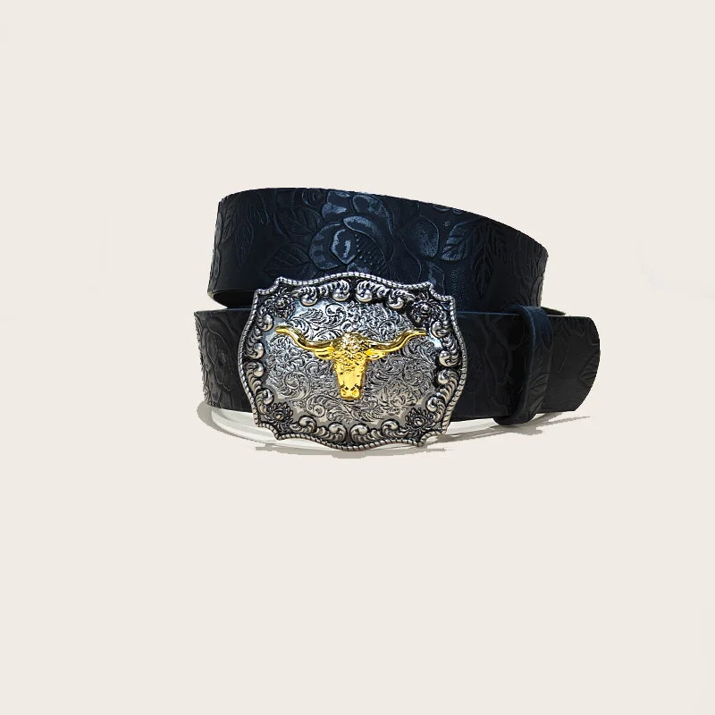 Western Cowboy Leather Belts Longhorn Bull Buckle Pattern Floral Engraved Belt for Men Gothic Accessories Jeans Waistband Male