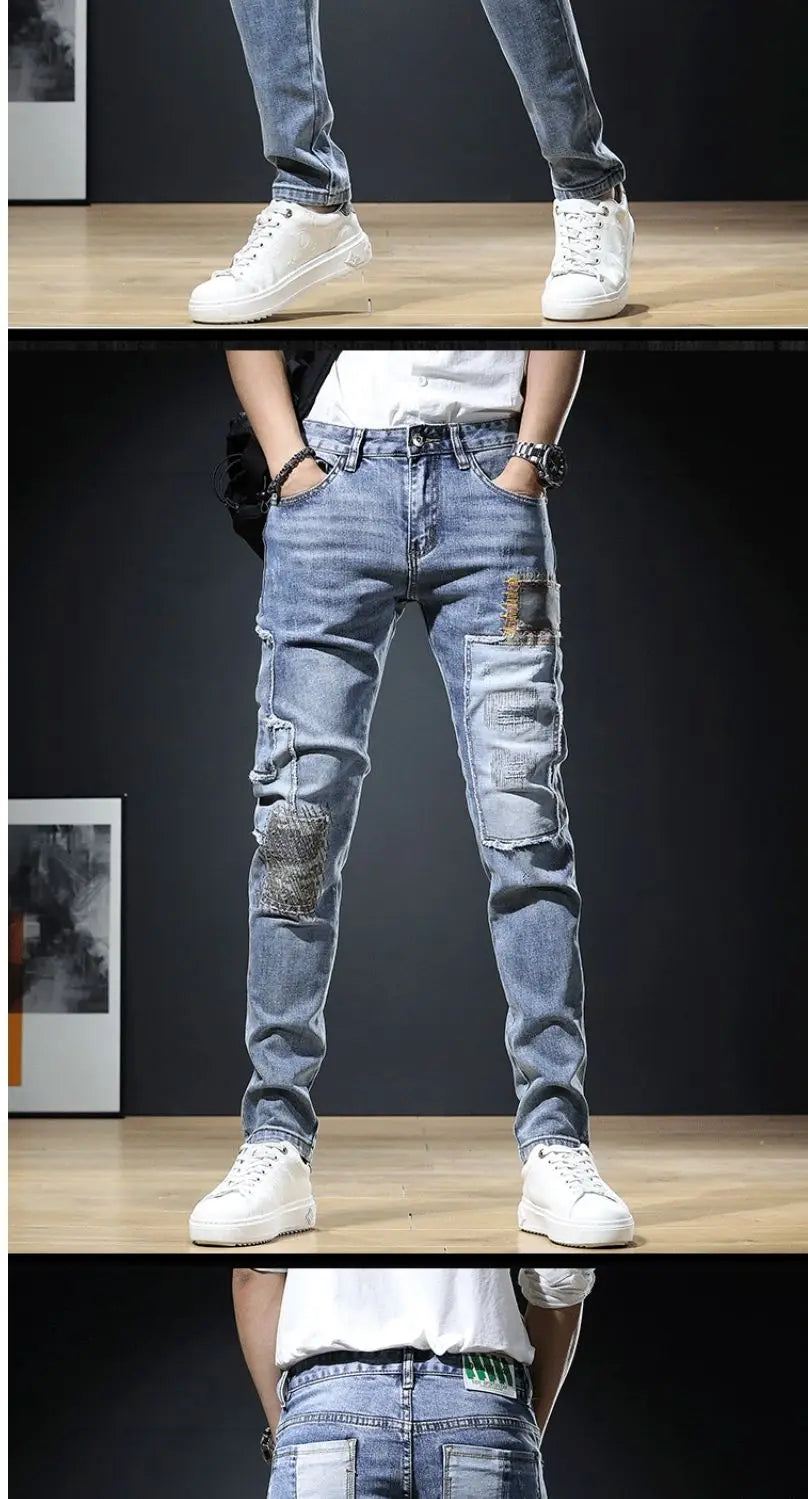 Autumn New Arrival Men's Jeans: Elastic Embroidered Patchwork Hip Hop Denim Pants Korean Style Slim Fit Cotton Trousers for Men
