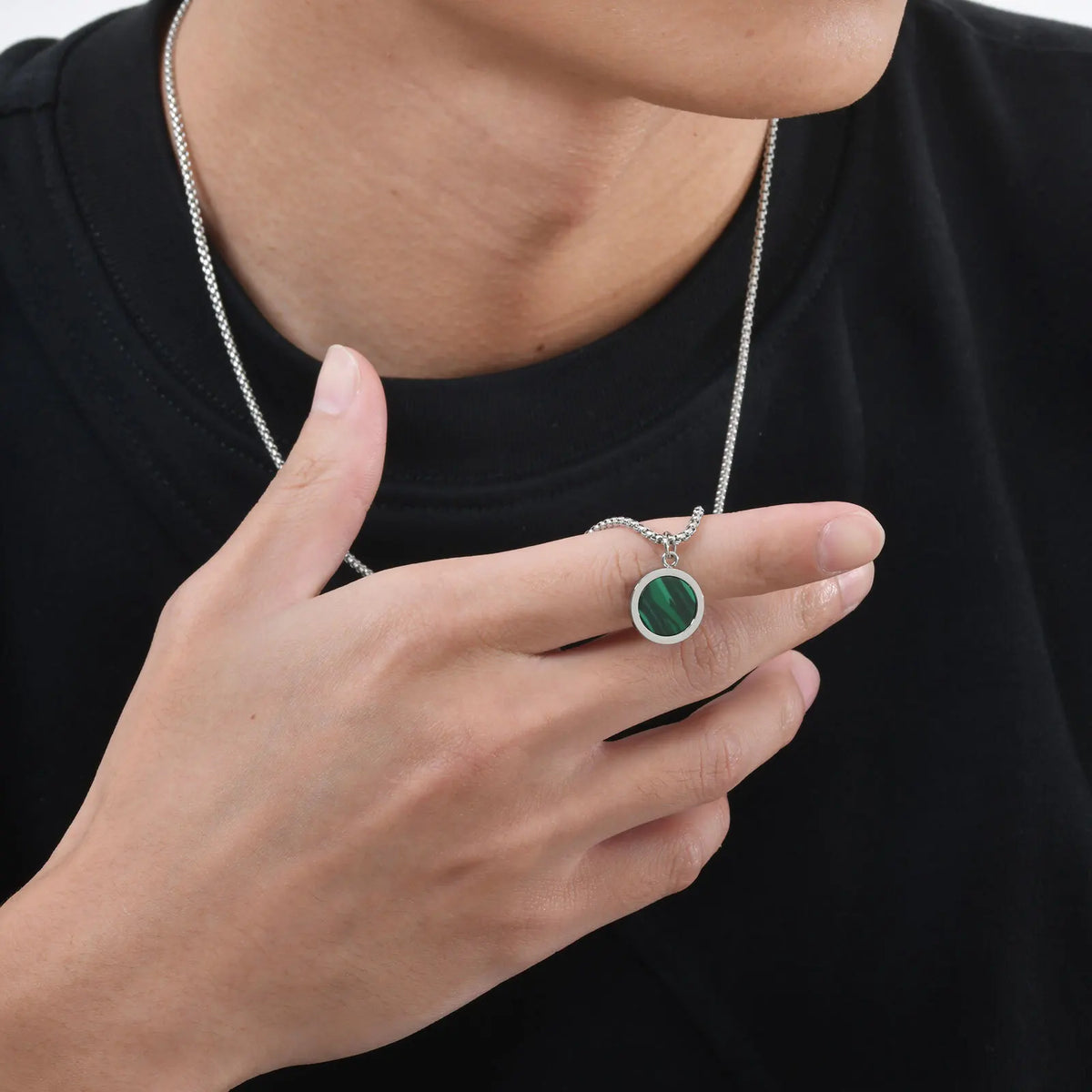 Watermelon Color Pendant Necklace for Men Boys,Green Square Round Stainless Steel Necklace,Stylish Jewelry Gifts to Husband Dad