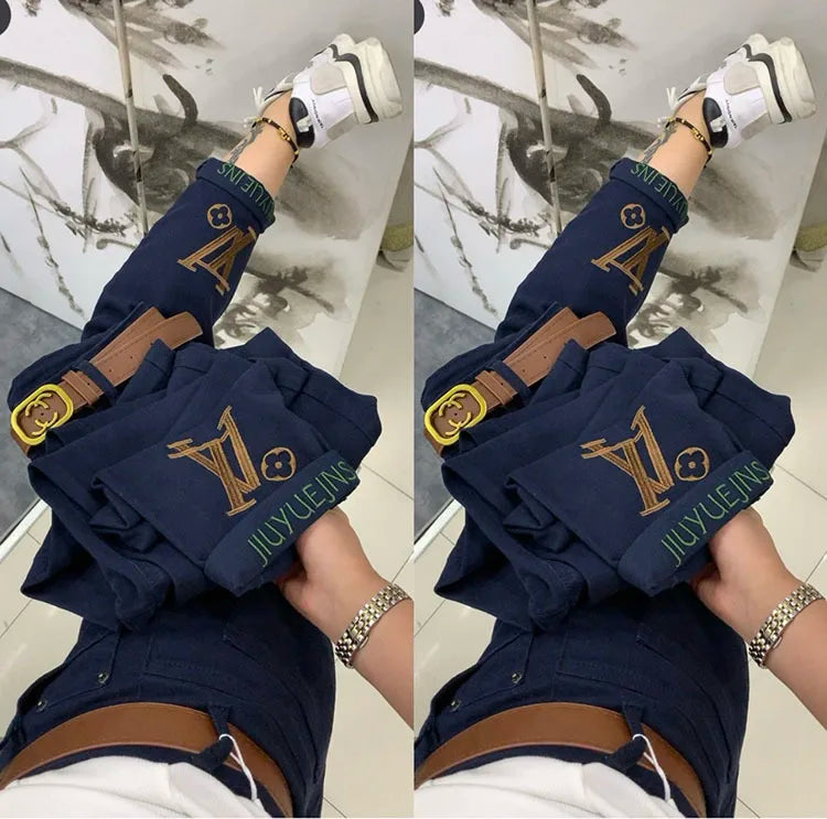PENDRA Letter Embroidery High Waist Straight Jeans