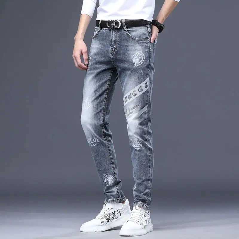 Hot Sale Men's Luxury Jeans Streetwear Denim Pants Punk Distressed Hole Tiger Embroidery Patches Stretch Skinny Ripped Trouser