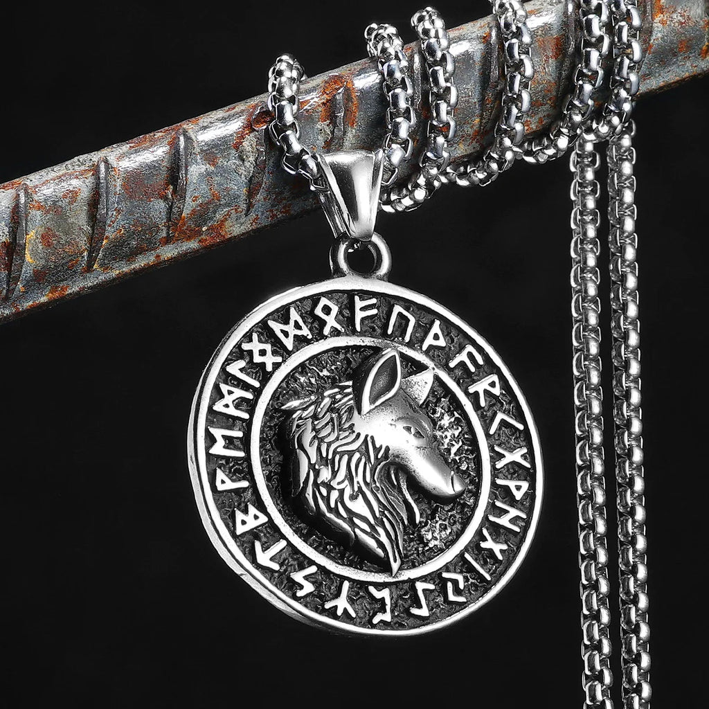 PENDRA Rune Wolf Steel Necklace