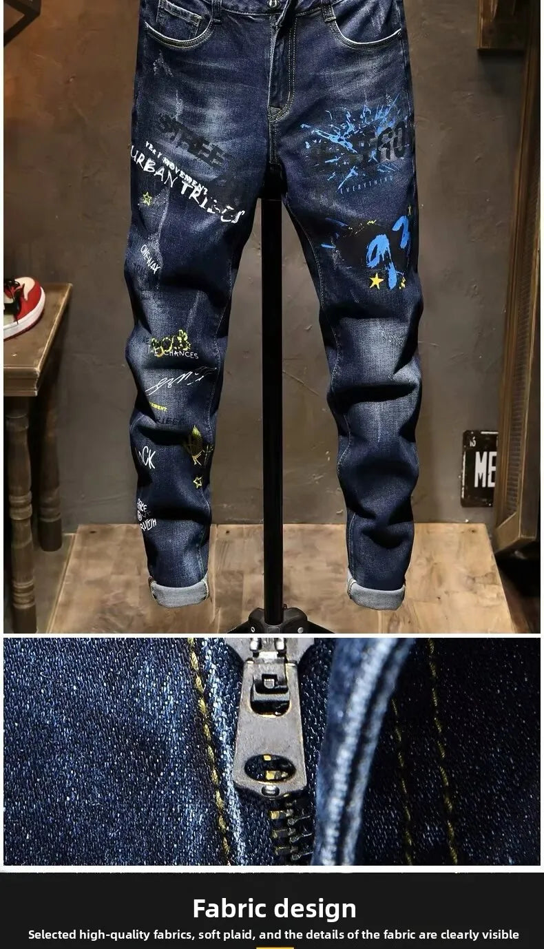 Autumn Korean Jeans Men's 2026 New Slim-fitting Straight Men's Pants Trendy Printed Teenagers Handsome Hip Hop Casual Trousers