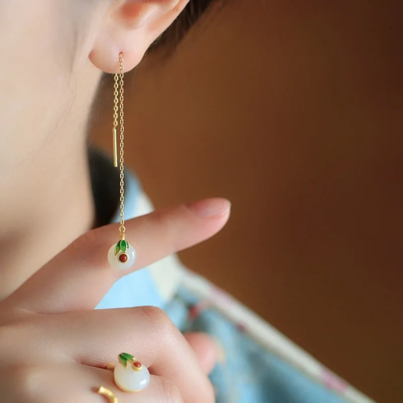 VENTFILLE Hetian Jade Ear Hook Earring Women's High-end Temperament Ethnic Style Retro Earrings Cloisonne Craft Dangler Gift