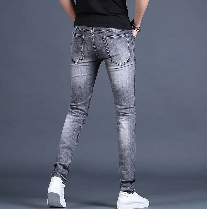 Spring and Autumn 2025 New Men's Jeans Gray Trendy Tiger Head Hot Diamond Printing Slim-fit Small Feet Trousers Men's Clothing