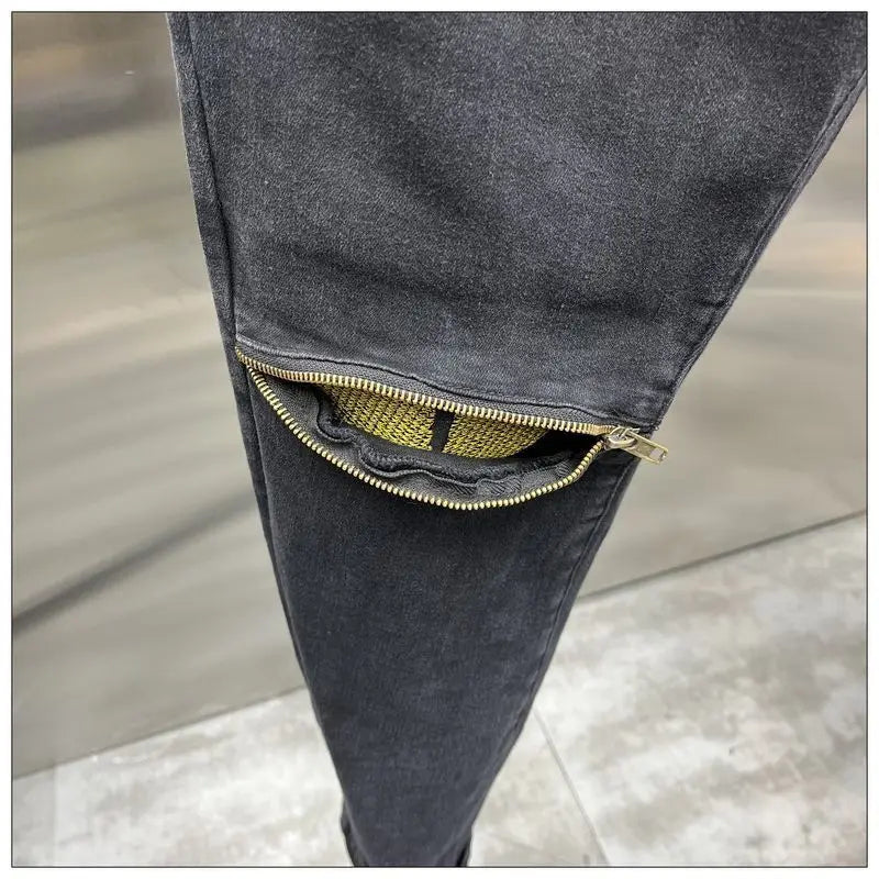 New Arrival Spring Autumn Casual Denim Slim Fit Jeans for Men with Knee Zipper Eye Designer and Vintage Black Jeans Men's Luxury