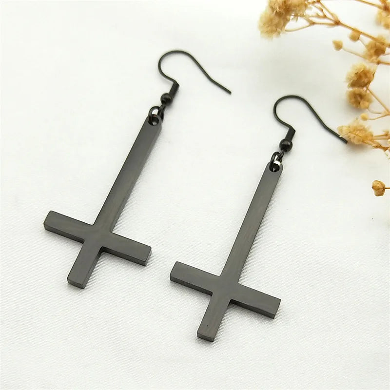 Stainless Steel Gothic Upside Down Cross Drop Earrings Punk Inverted Cross Earring Goth Jewelry Pendientes Mujer E8374S06