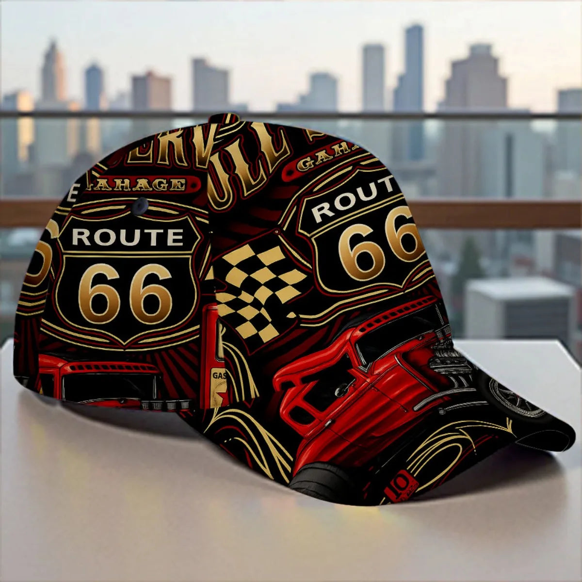 1pc Featuring a Route 66 Hot Rod Garage Design, This All-Over Print Duckbill Hat Has a Fitted Closure And Is Stylishly Hand Wash