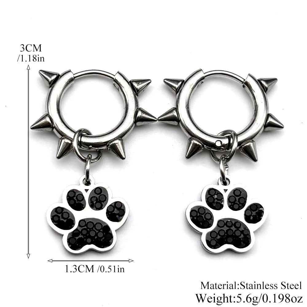 Dark Punk Dog Paw Rivet Earrings For Women Men Stainless Steel Silver Color Gothic Punk Trendy Hoop Ear Rings Jewelry Gifts