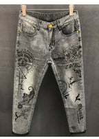 High-end Hot Diamond Jeans Men's Spring and Autumn Tide Brand Slim-fitting Small Feet Tiger Print Gray Casual Men Trousers Man
