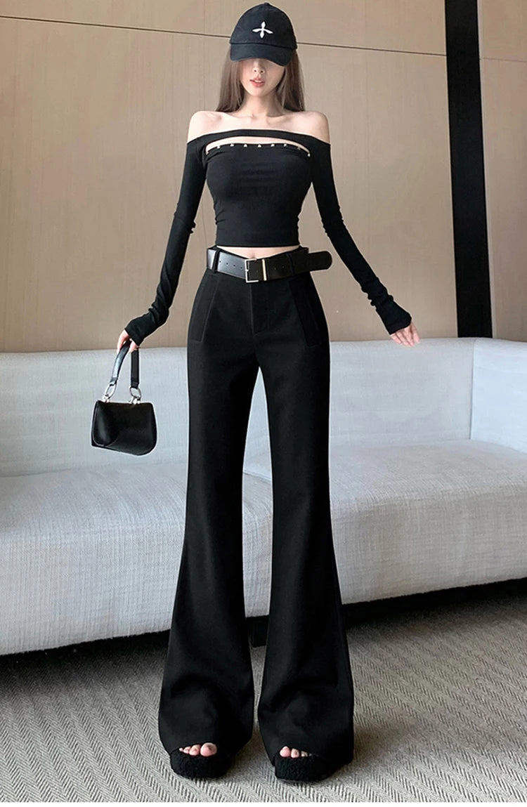 Retro solid color pants women autumn and winter high waisted casual and fashion versatile floor length flared trousers