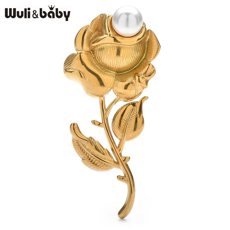 PENDRA Rosella Stainless Steel Pearl Rose Brooch