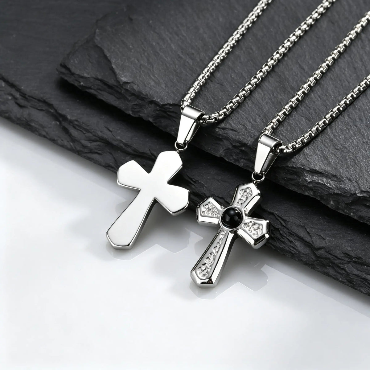 Stylish Black Natural Stone Cross Pendant Neckalce for Men,Stainless Steel Gothic Black Onyx Cross Charm Necklace Jewelry Gift