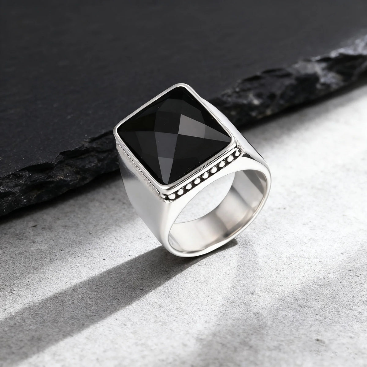 Black Square Ring for Men Boys,Waterproof Stainless Steel Signet Ring,Punk Ethnic Jewelry Gift