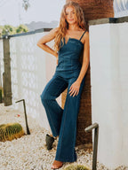 New Light Blue Washed Denim Jumpsuit With High Waist, Wide Legs, and Flared Trousers; Retro Casual Women's Clothing, Summer outfits for women