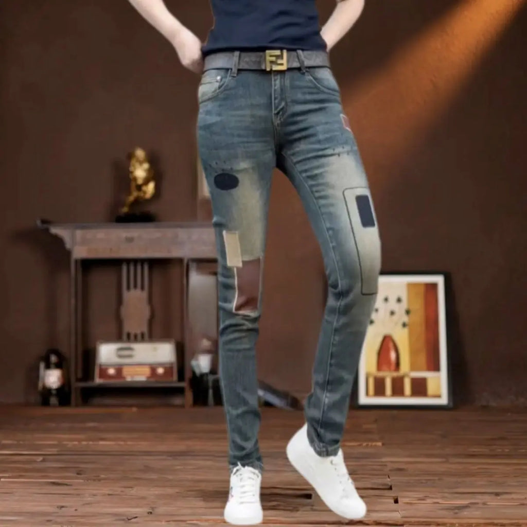 PENDRA Blue Embroidered Slim Jeans