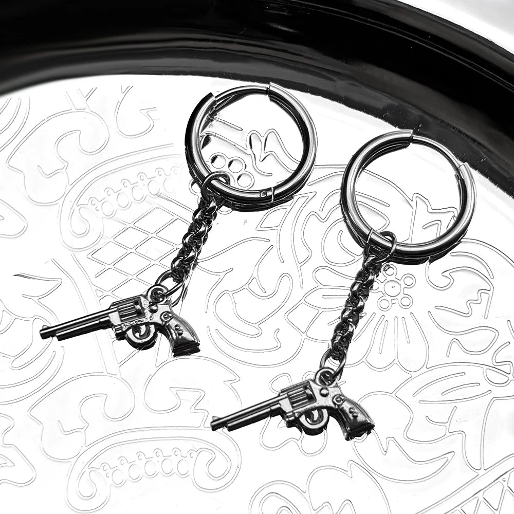 Fashion Revolver Hiphop Earrings For Women Men Stainless Steel Silver Color Punk Gothic Y2K Male Earhoop Party Jewelry Gifts