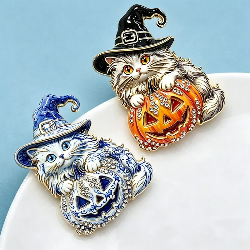 PENDRA Witch-Hat Pumpkin Cat Brooch