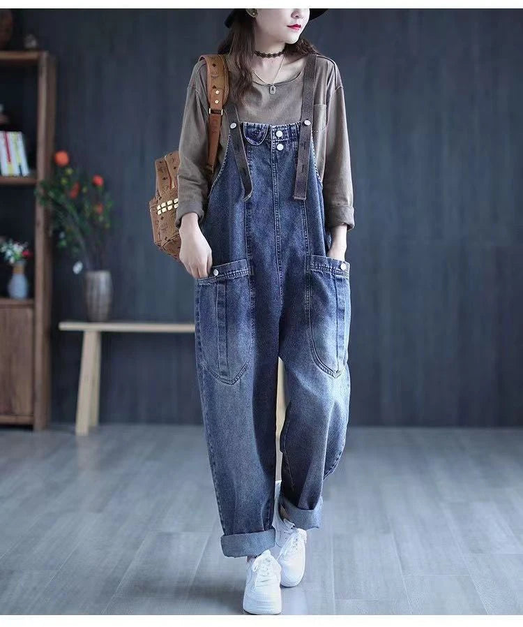 Minimalist jeans overalls women's spring new Korean version loose fit big pocket versatile trendy Harlan casual rompers