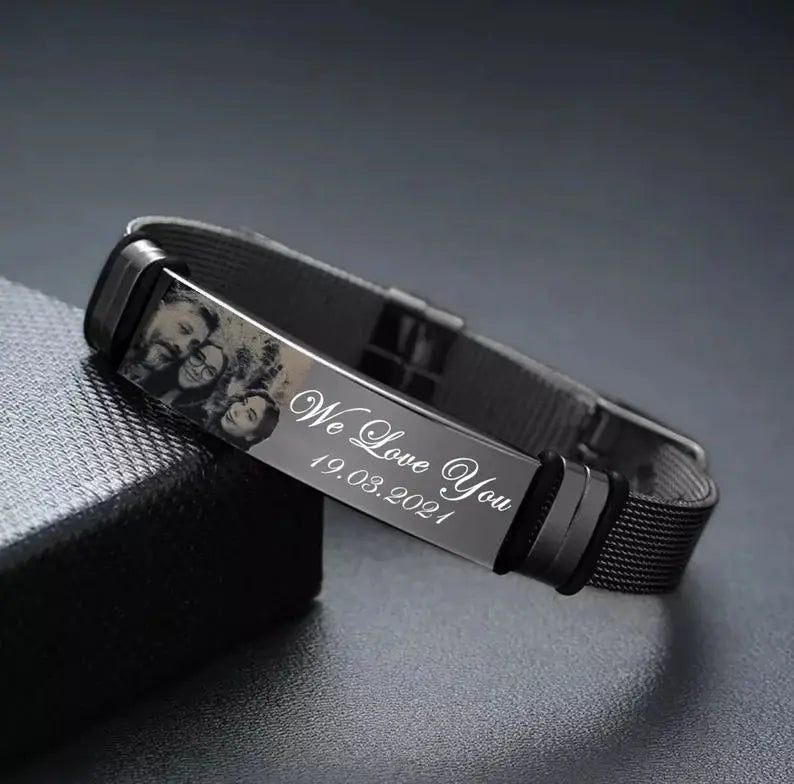 Free Engraving,Stainless Steel Mesh Band Bracelet,Adjustable Bracelet for Men Gift