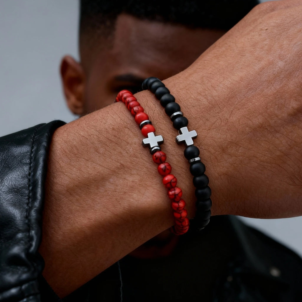 Gallstone Cross Beaded Bracelet for Men Boys,4mm Red Pine Stone Black Onyx Elastic Wristband,Simple Stackable Jewelry