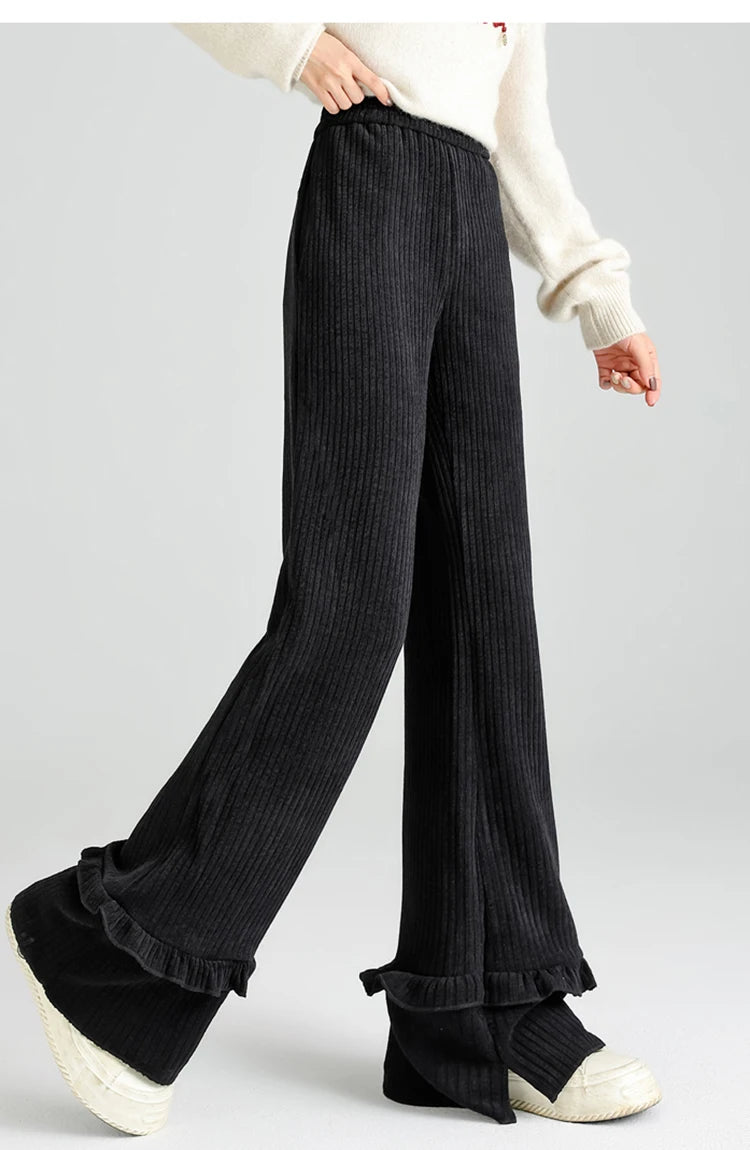 Solid corduroy micro flared pants women's winter wide leg casual high waisted narrow version straight leg sweatpants