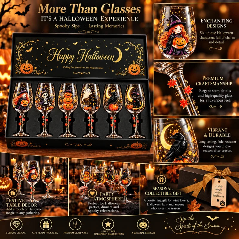 Spooky Halloween Wine Goblet with Sticker Design Witch Ghost Pumpkin Cat Decorative Stemmed Glass for Party Home Bar