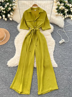 Fashionable casual lapel collar short sleeved cinched waist jumpsuit women's summer new solid color wide leg long pants