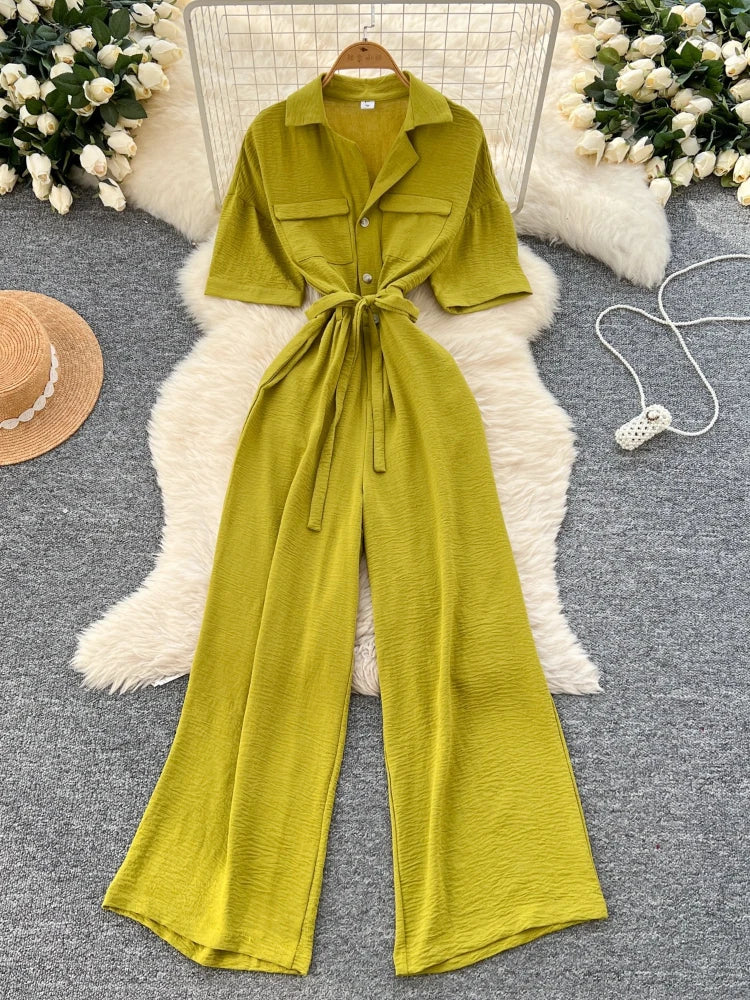Fashionable casual lapel collar short sleeved cinched waist jumpsuit women's summer new solid color wide leg long pants