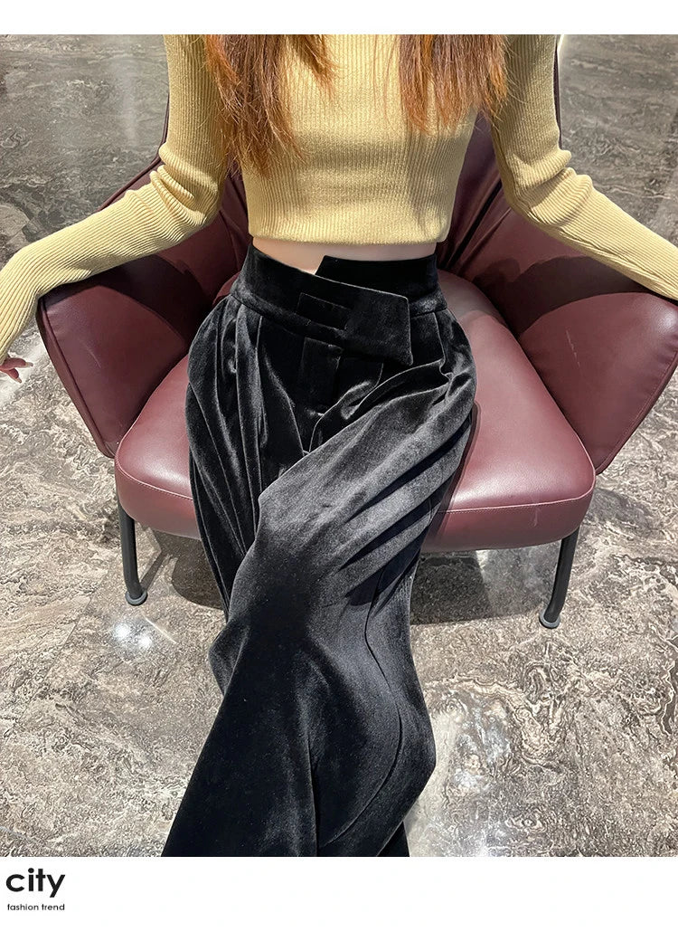 Black Gold Velvet Wide Leg Pants Women Winter Velvet High Waist Drop Feel Straight Tube Versatile Casual Floor Pants