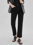 New Women's High-Quality Raw Edge Hem Slim Fit Straight Leg Jeans, Multi-Pocket, Button Design, Women's Jeans & Apparel