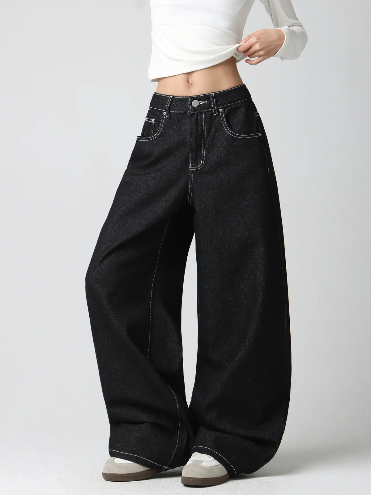 Women's Vintage American-Style Pocket Embroidered Print Loose High-Waist Wide-Leg Jeans Y2K Street Trend Simple Comfortable Everyday Versatile Pants