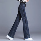 Elastic waisted denim wide leg pants women in spring and autumn new high waisted slim straight leg floor length pants