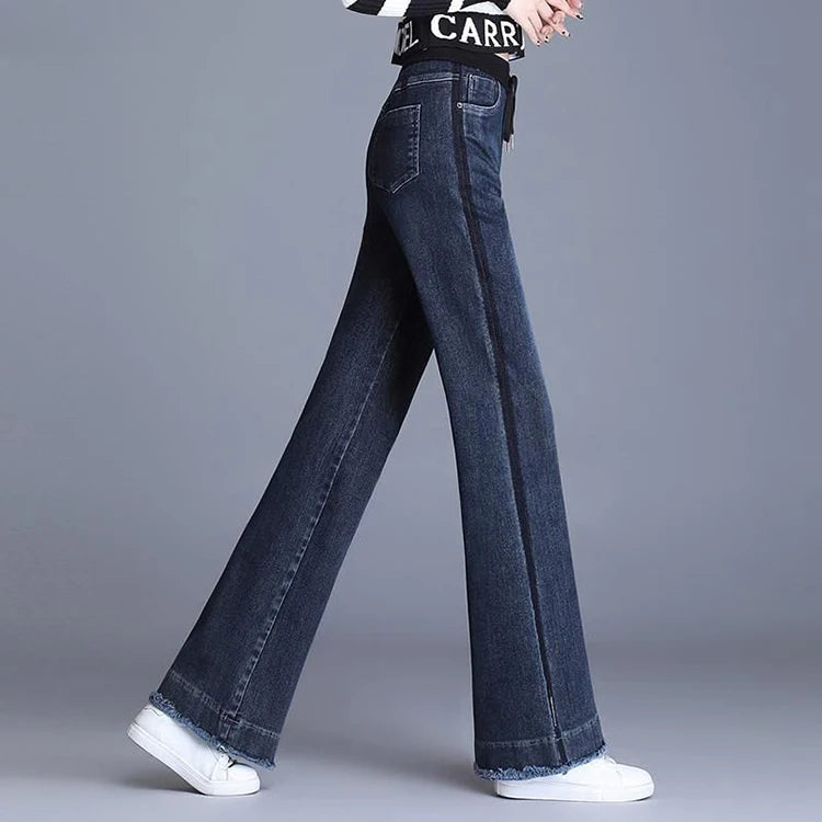 Elastic waisted denim wide leg pants women in spring and autumn new high waisted slim straight leg floor length pants